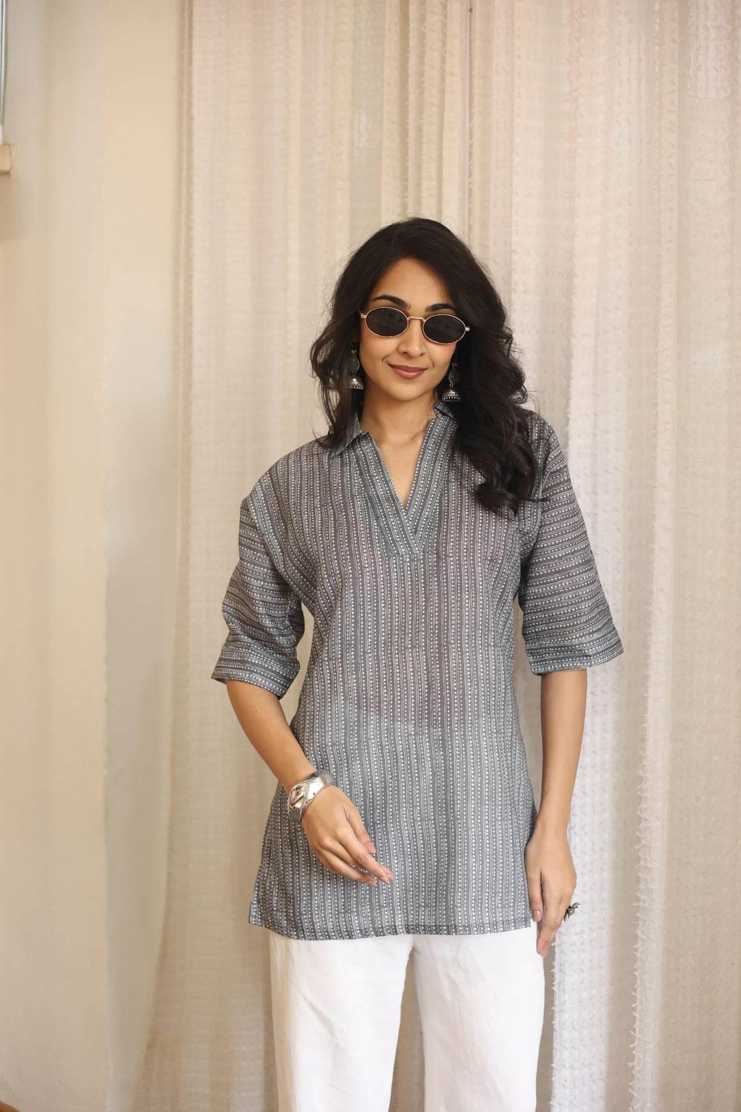 Grey Floral Print Cotton Shirt Collar Top for Women - SanskrutiHomes 