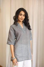 Grey Floral Print Cotton Shirt Collar Top for Women - SanskrutiHomes 