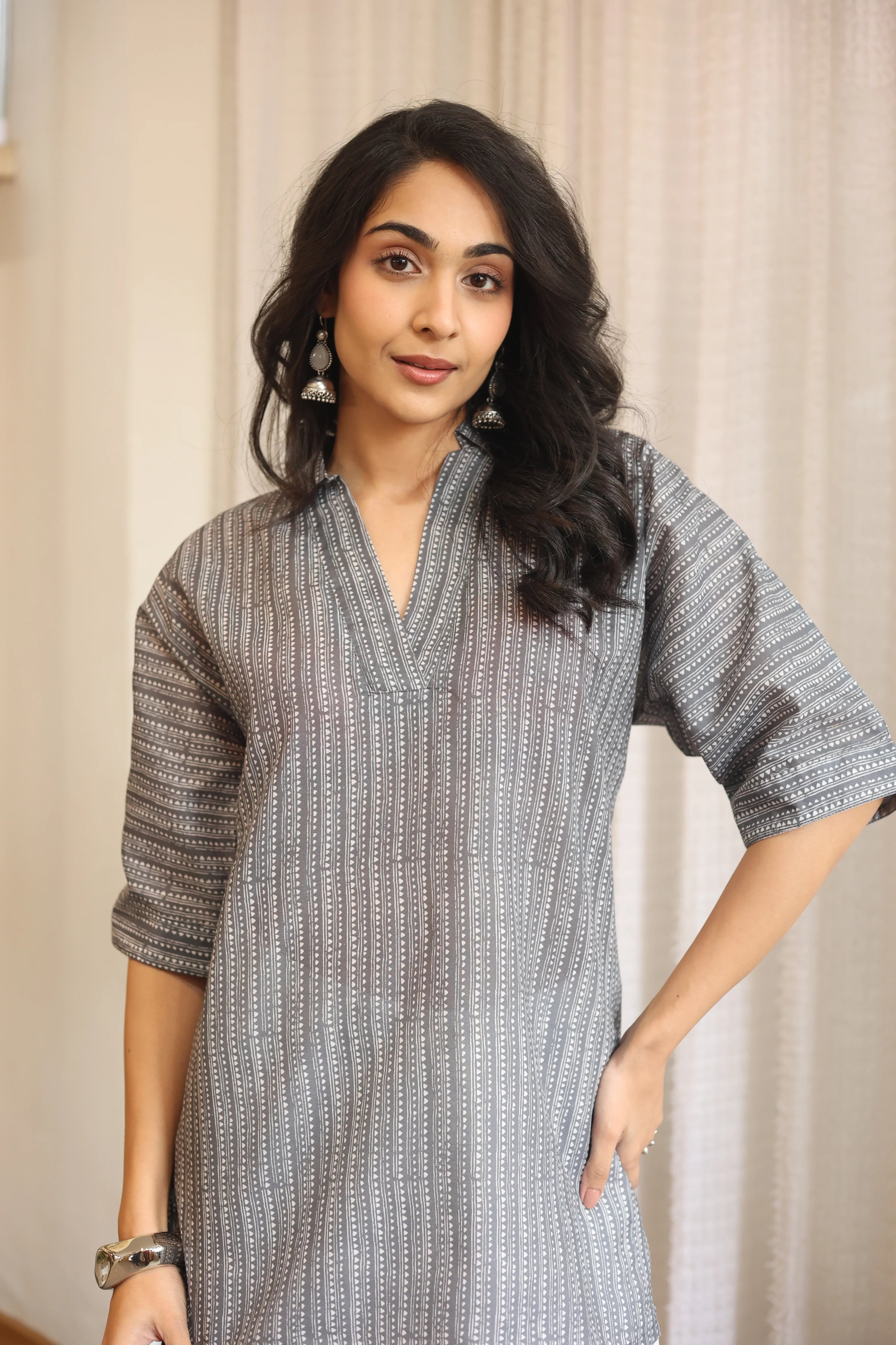 Grey Floral Print Cotton Shirt Collar Top for Women - SanskrutiHomes 