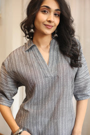 Grey Floral Print Cotton Shirt Collar Top for Women - SanskrutiHomes 