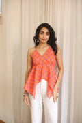 Peach Floral Print Cotton V-Neck Top for Women - SanskrutiHomes 