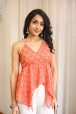 Peach Floral Print Cotton V-Neck Top for Women - SanskrutiHomes 