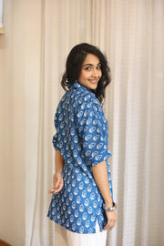 Blue Floral Print Cotton Shirt Collar Top for Women - SanskrutiHomes 