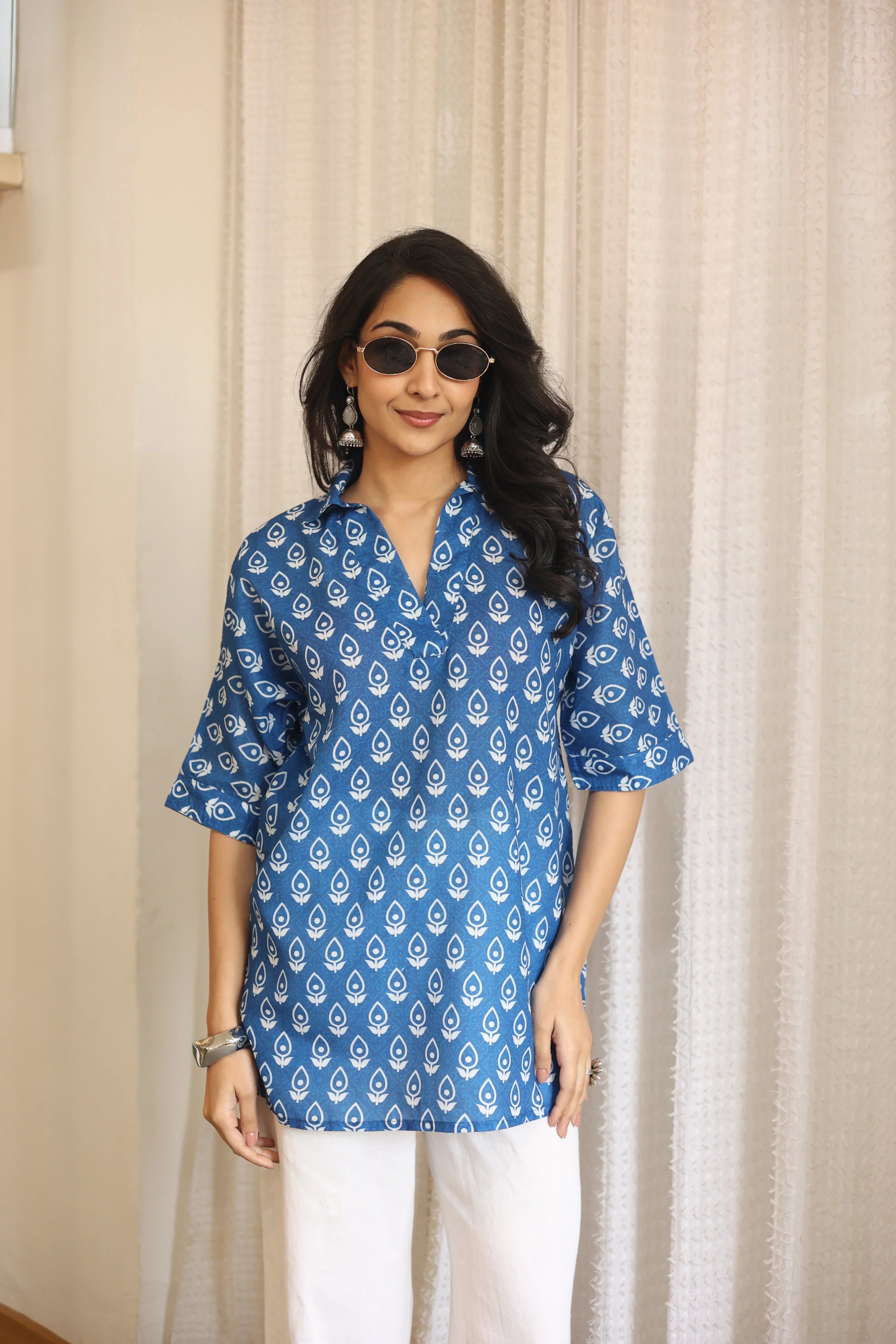 Blue Floral Print Cotton Shirt Collar Top for Women - SanskrutiHomes 