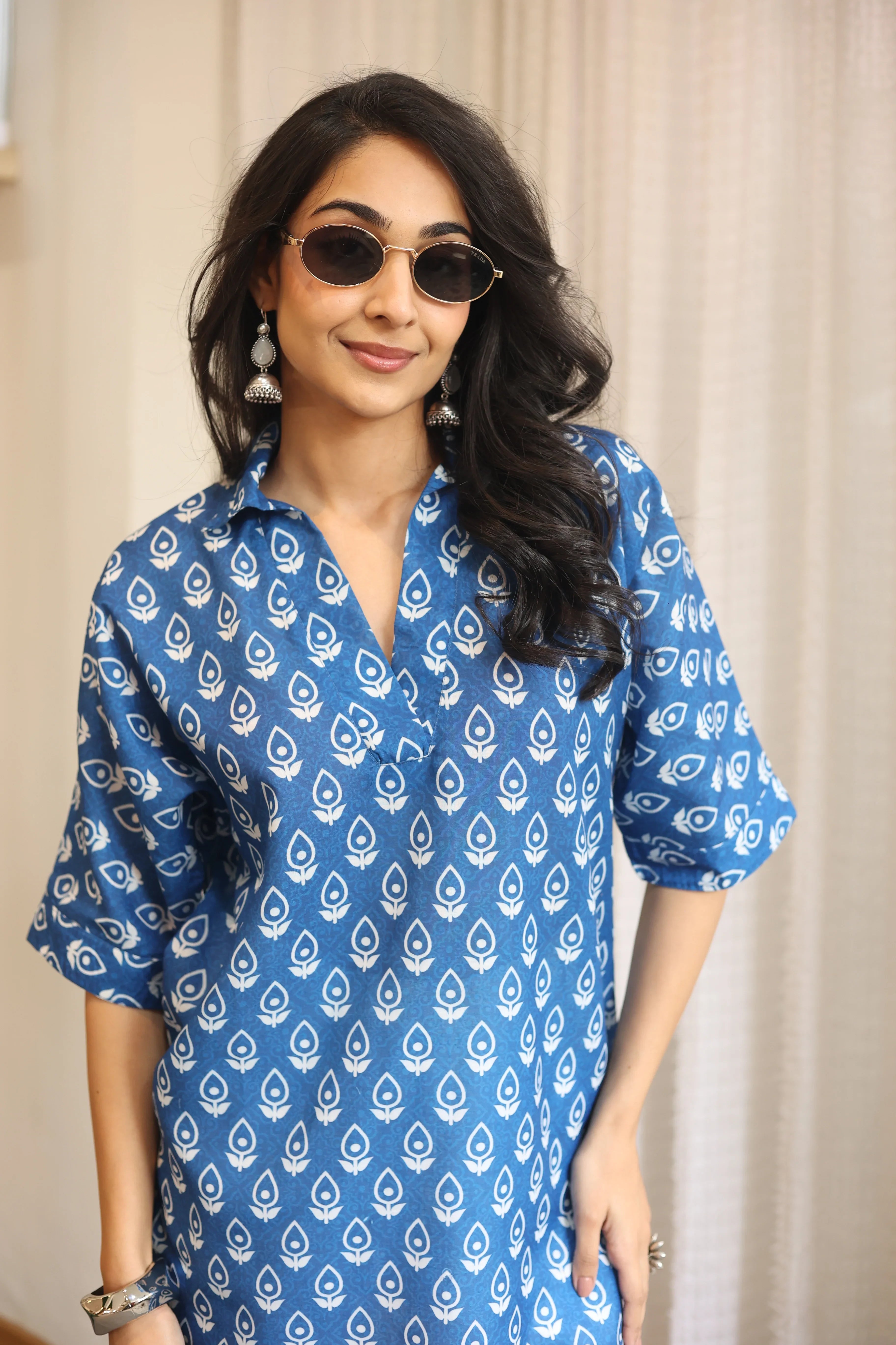 Blue Floral Print Cotton Shirt Collar Top for Women - SanskrutiHomes 