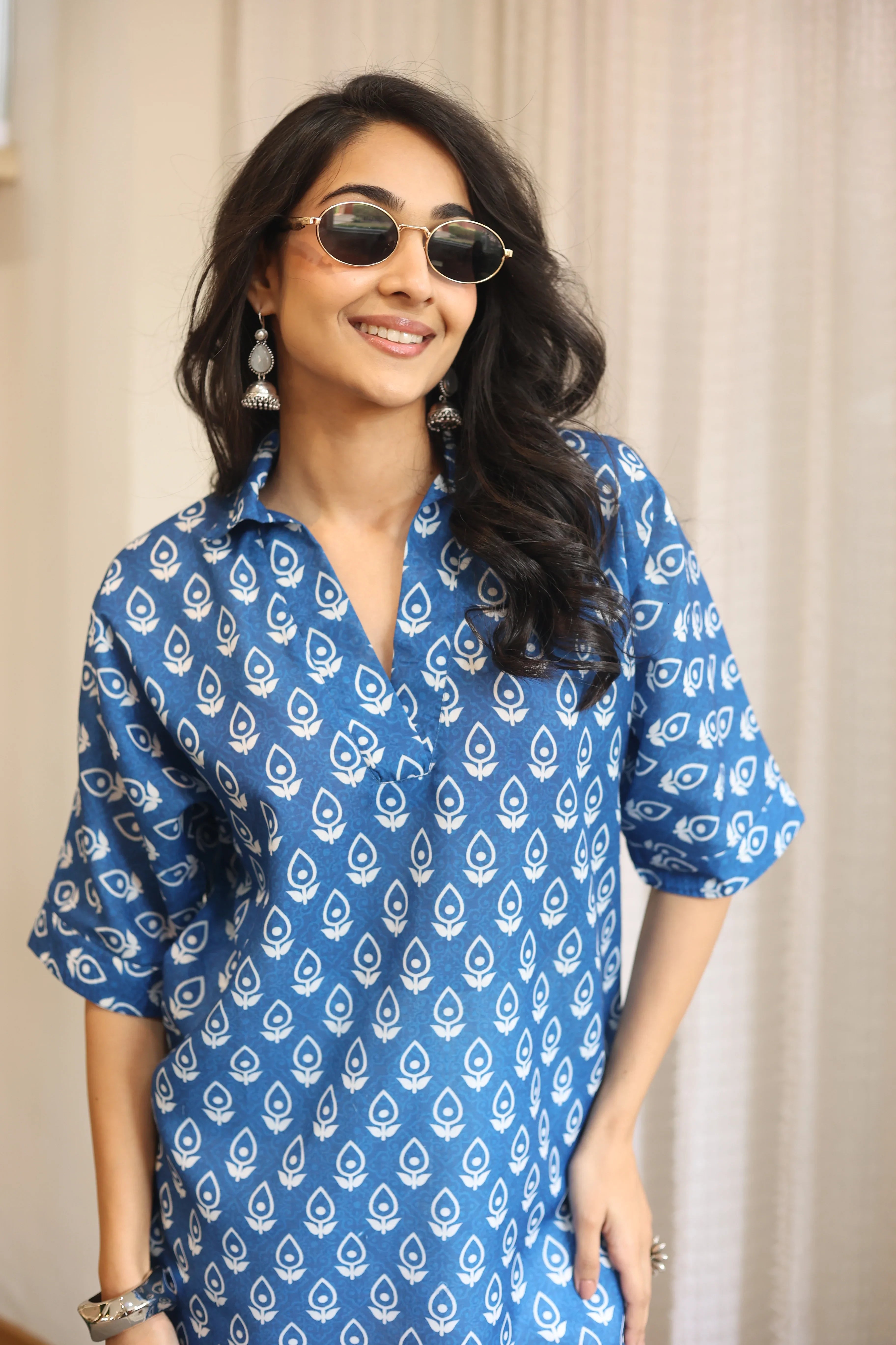 Blue Floral Print Cotton Shirt Collar Top for Women - SanskrutiHomes 