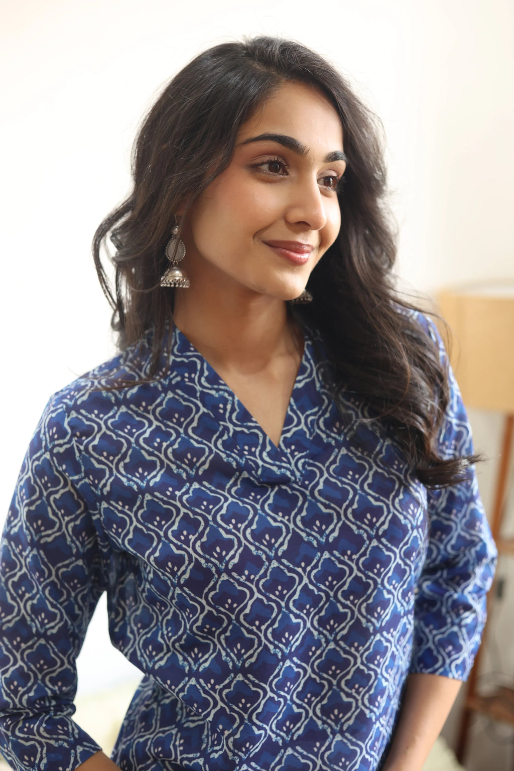 Blue Geometric Print Cotton V-Neck Top for Women - SanskrutiHomes 