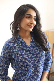 Blue Geometric Print Cotton V-Neck Top for Women - SanskrutiHomes 