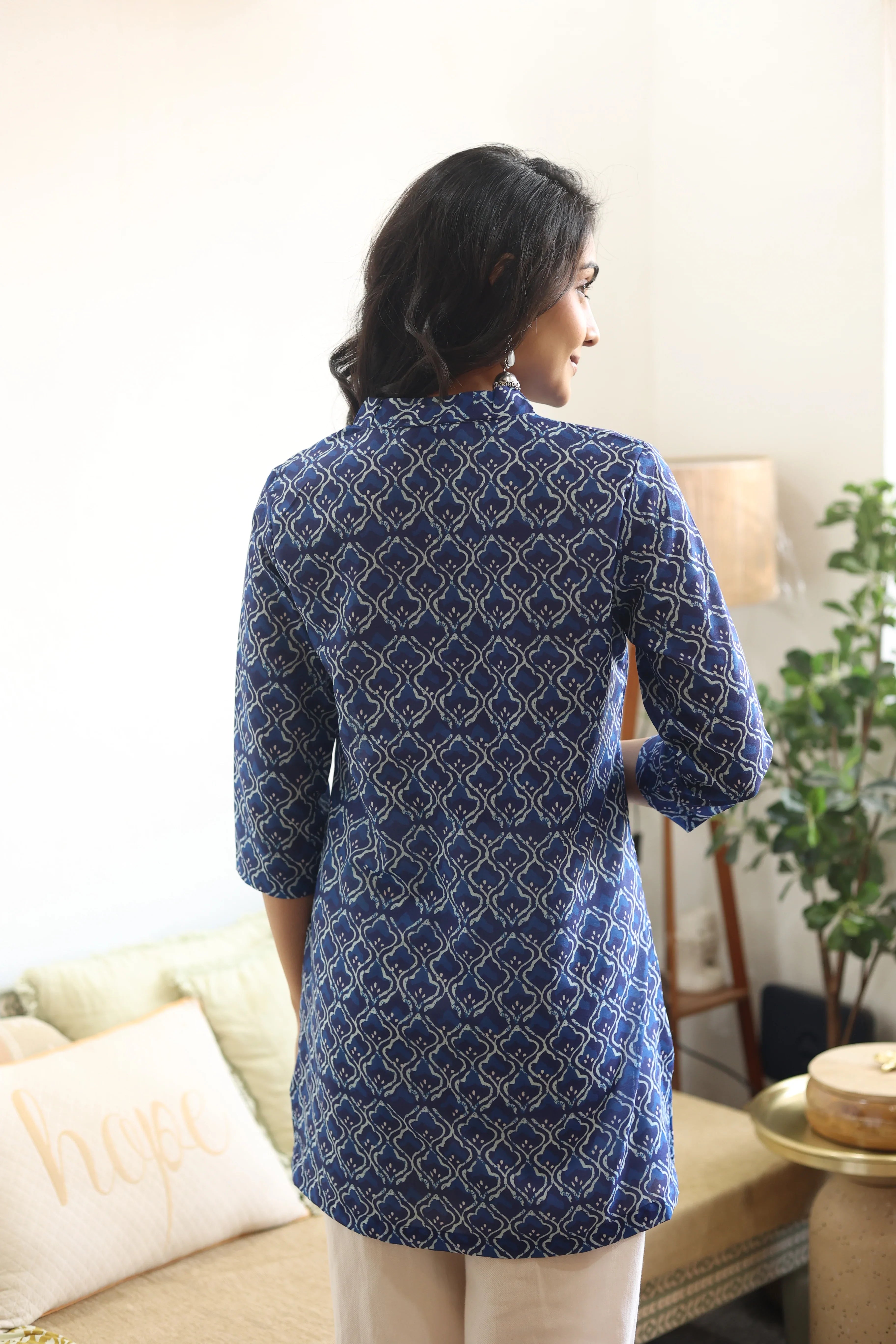 Blue Geometric Print Cotton V-Neck Top for Women - SanskrutiHomes 