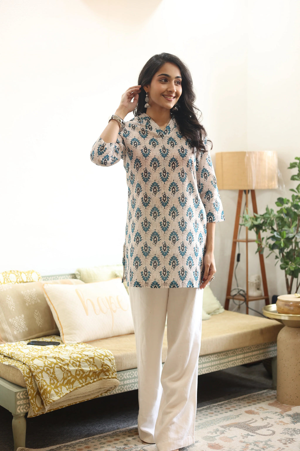 Blue Abstract Print Cotton Round Neck Top for Women - SanskrutiHomes 