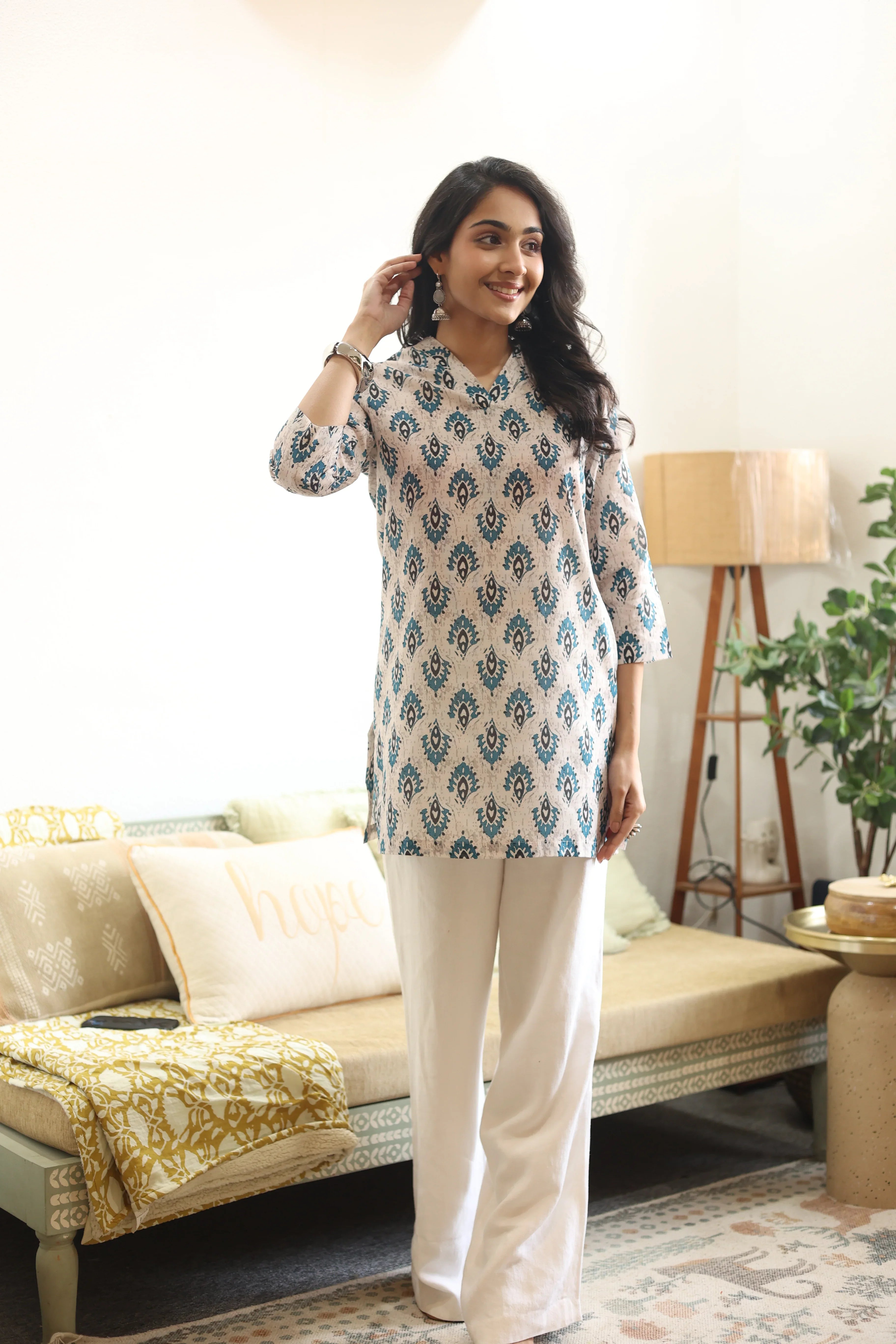 Blue Abstract Print Cotton Round Neck Top for Women - SanskrutiHomes 