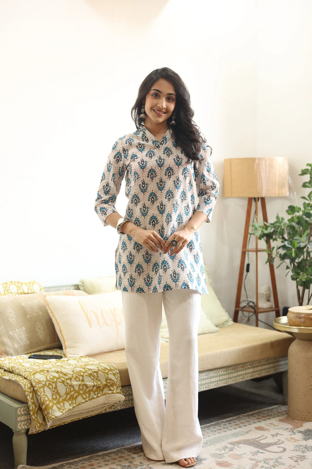 Blue Abstract Print Cotton Round Neck Top for Women - SanskrutiHomes 