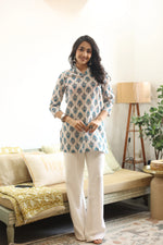 Blue Abstract Print Cotton Round Neck Top for Women - SanskrutiHomes 