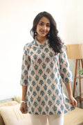 Blue Abstract Print Cotton Round Neck Top for Women - SanskrutiHomes 