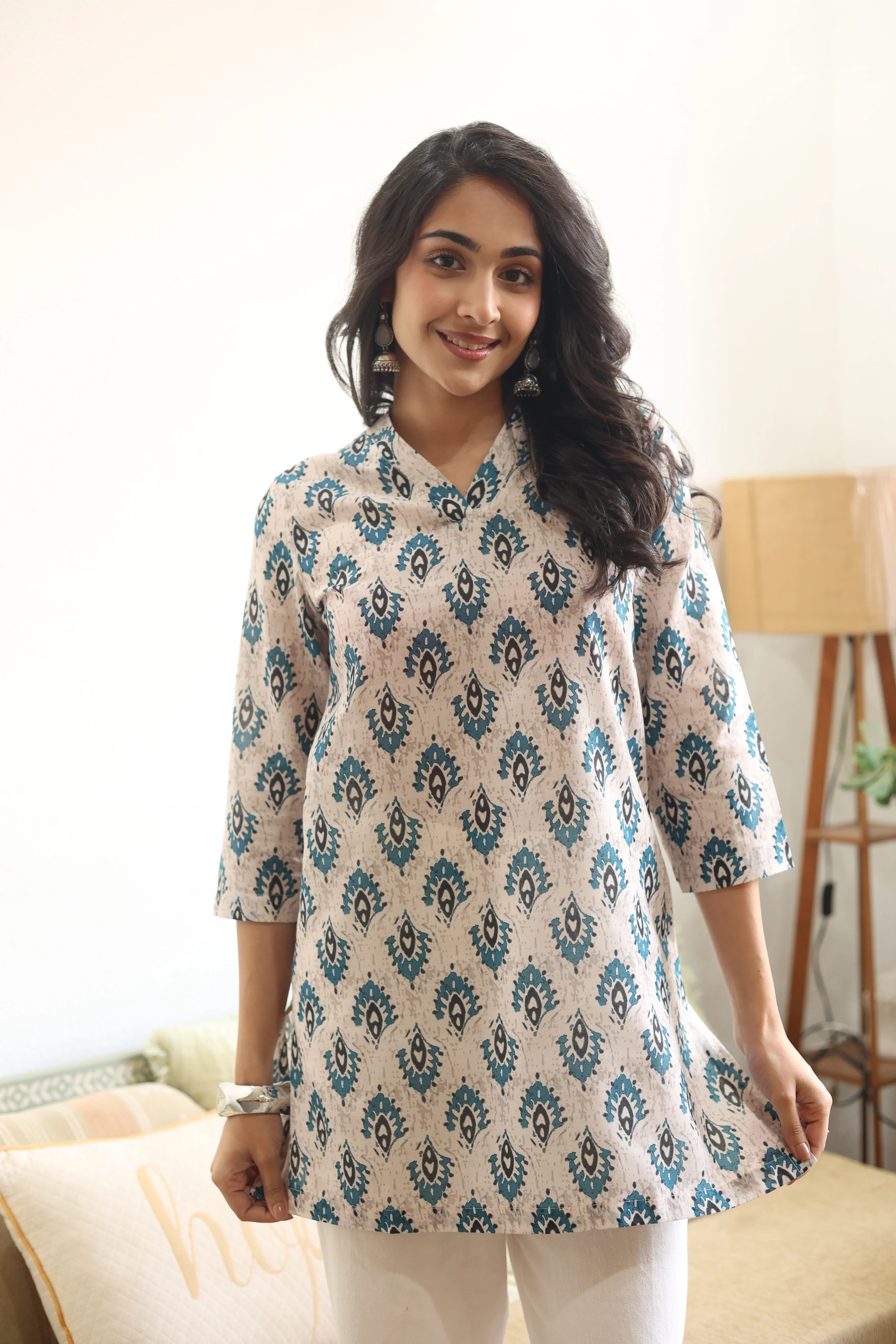 Blue Abstract Print Cotton Round Neck Top for Women - SanskrutiHomes 