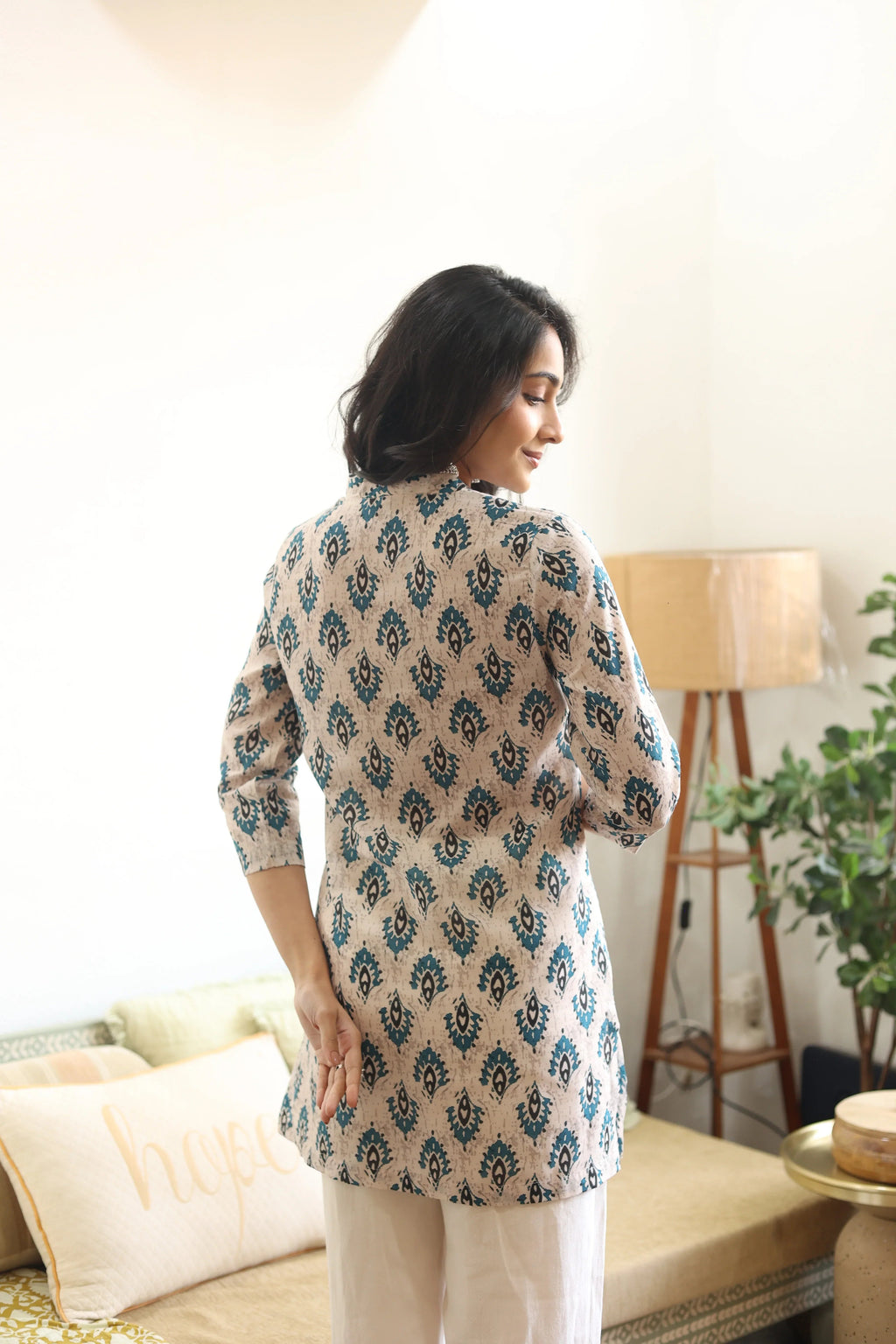 Blue Abstract Print Cotton Round Neck Top for Women - SanskrutiHomes 