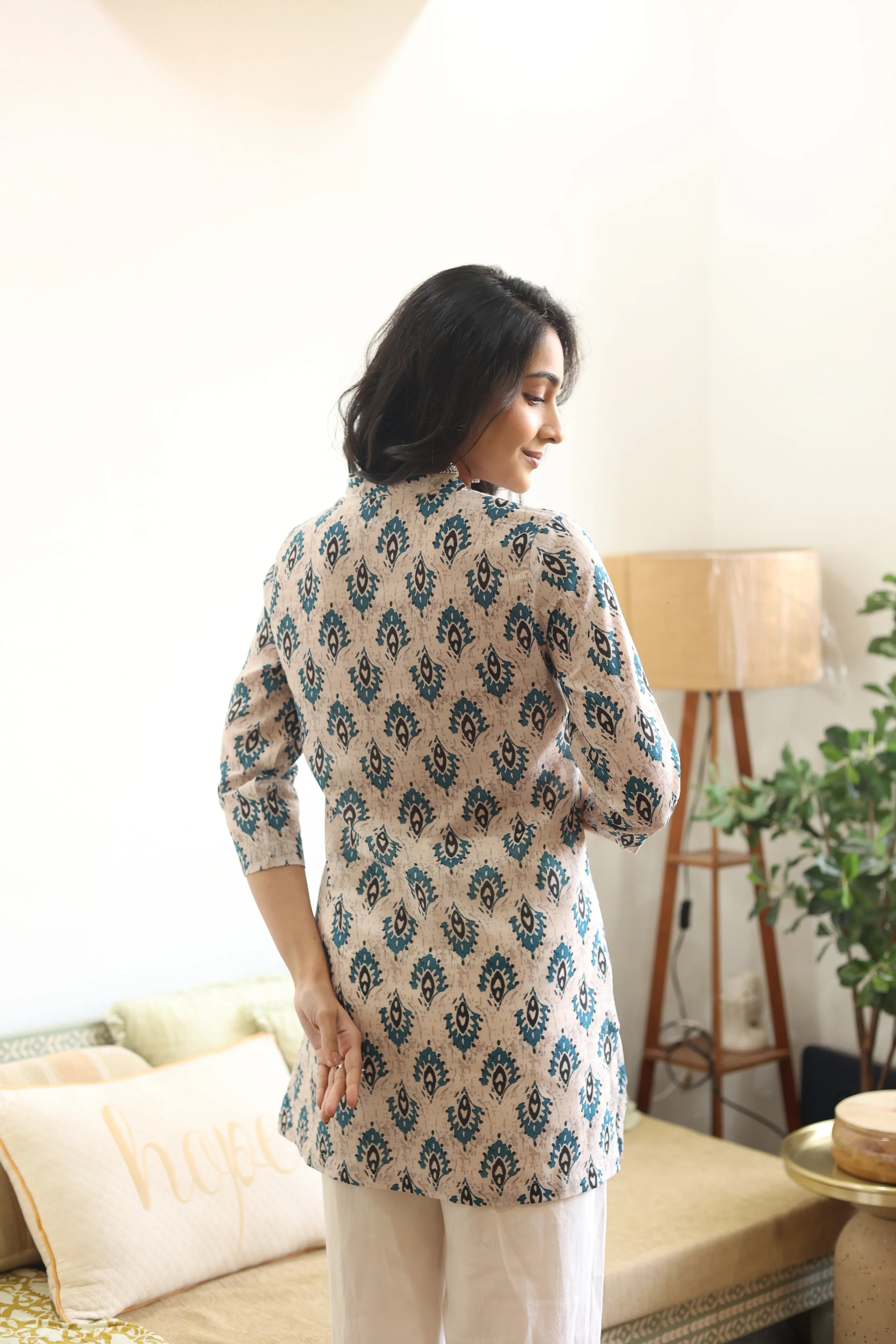 Blue Abstract Print Cotton Round Neck Top for Women - SanskrutiHomes 