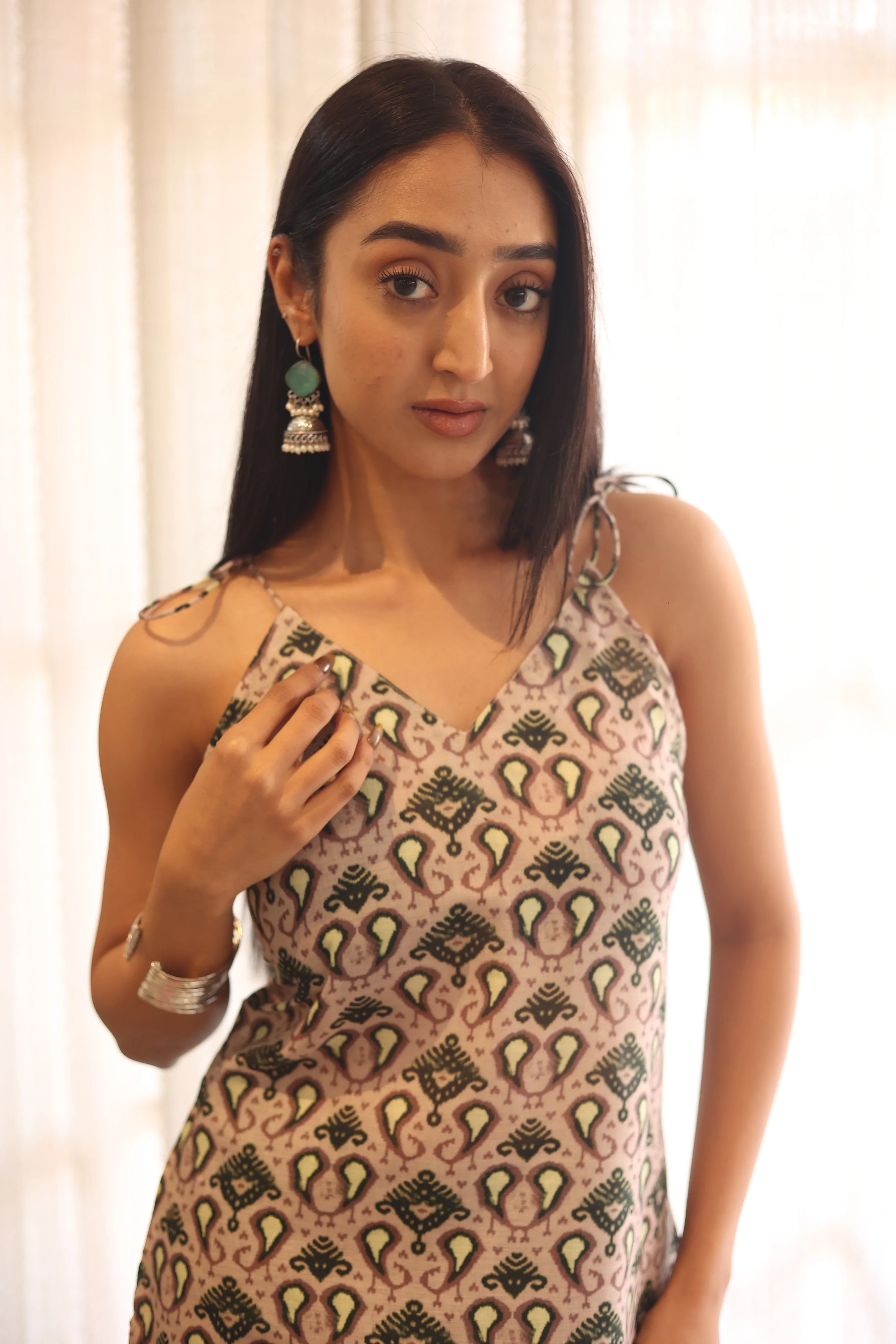 Beige Abstract Cotton V-Neck Top for Women - SanskrutiHomes 