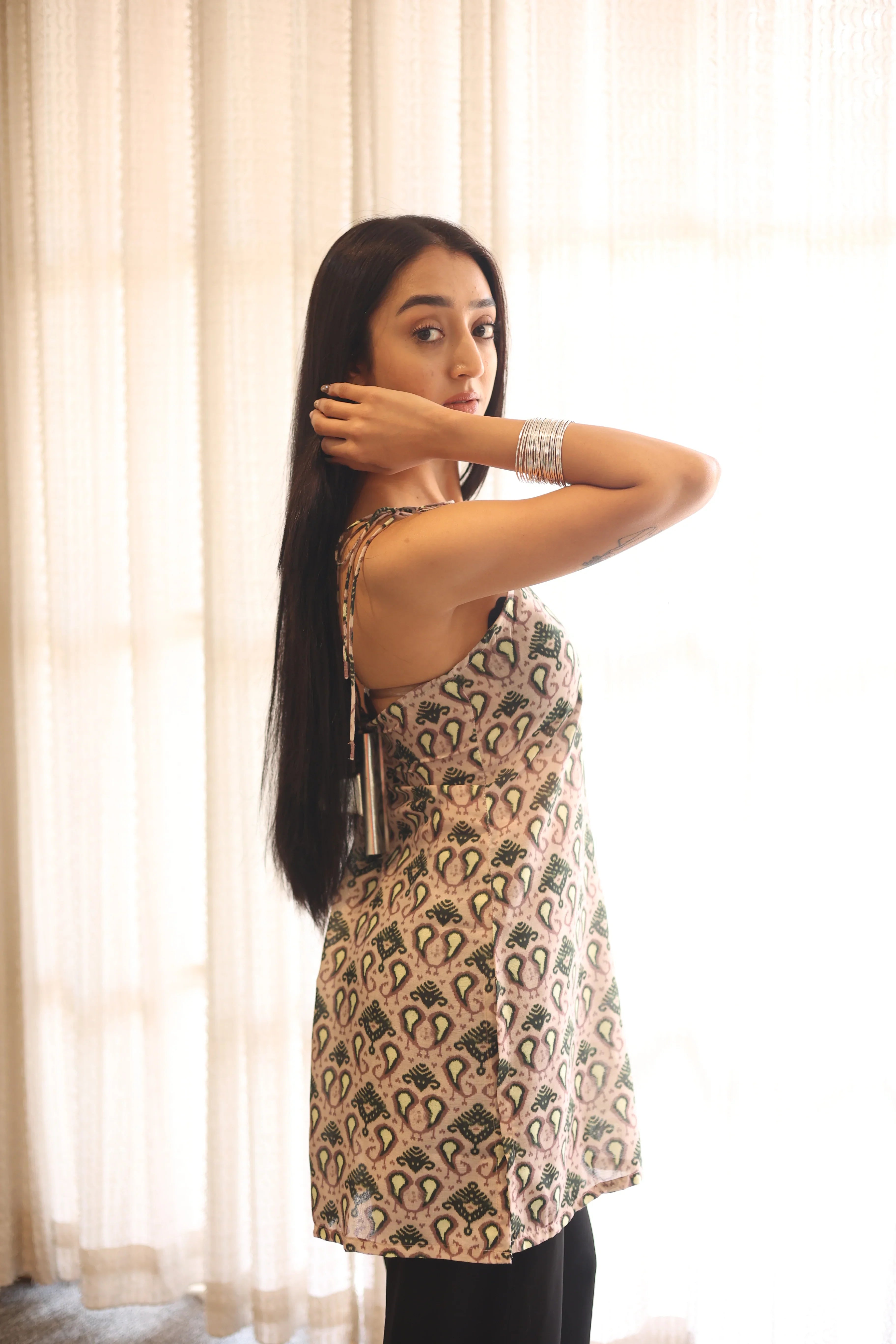 Beige Abstract Cotton V-Neck Top for Women - SanskrutiHomes 