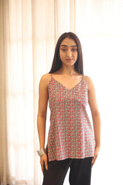 Beige Printed Cotton V-Neck Top for Women - SanskrutiHomes 