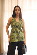 Green Solid Cotton Tie-Up Neck Top for Women - SanskrutiHomes 