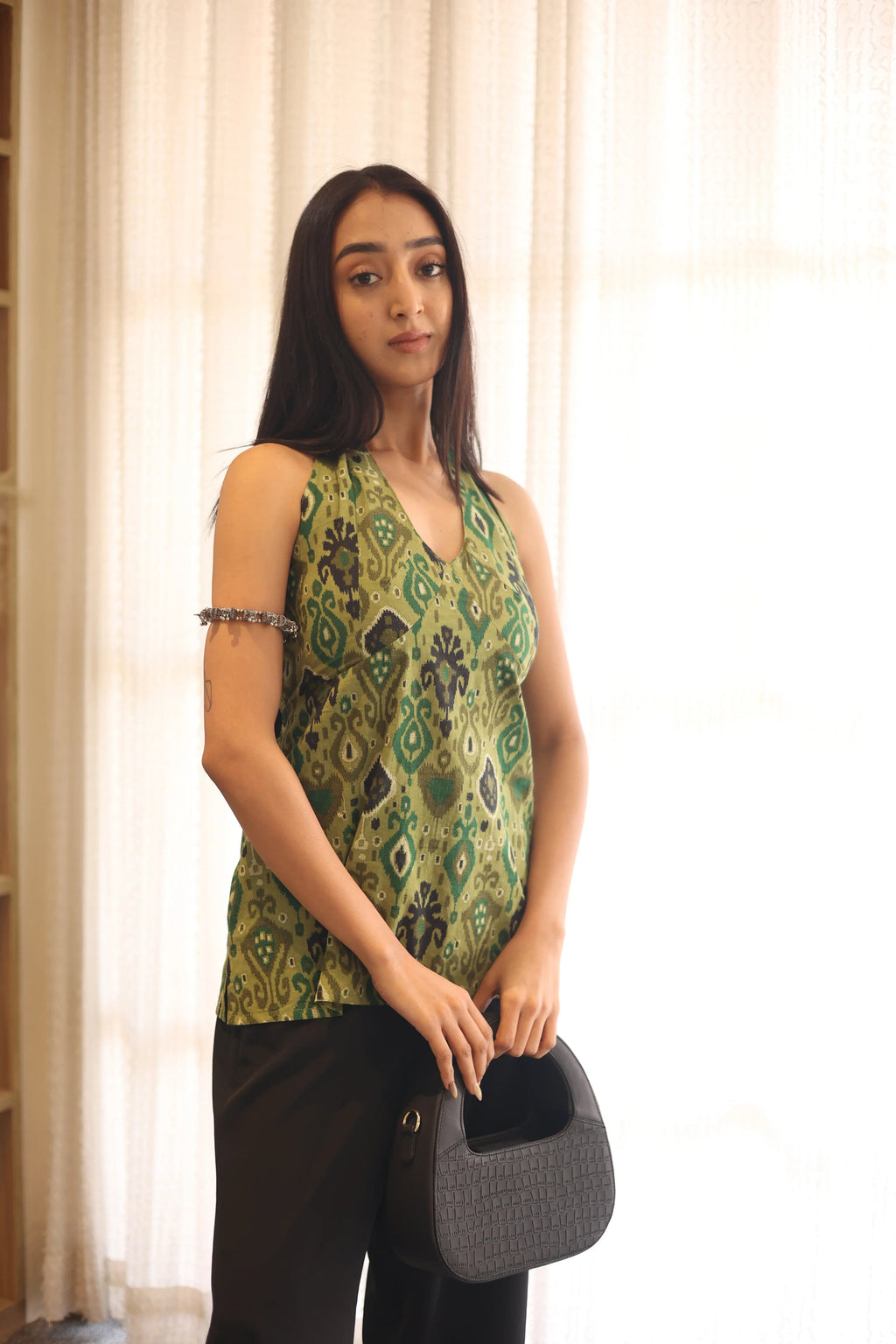 Green Solid Cotton Tie-Up Neck Top for Women - SanskrutiHomes 
