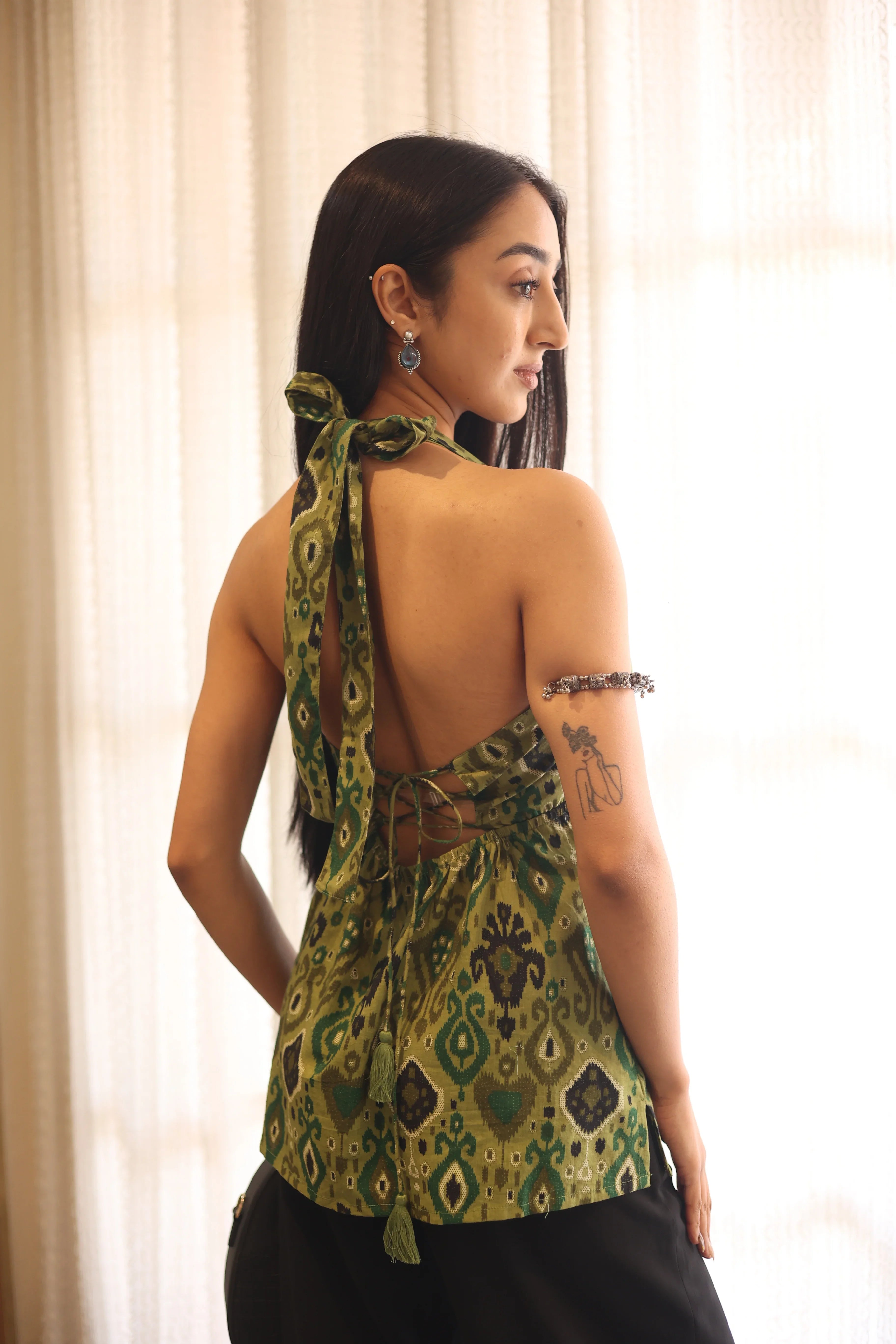 Green Solid Cotton Tie-Up Neck Top for Women - SanskrutiHomes 