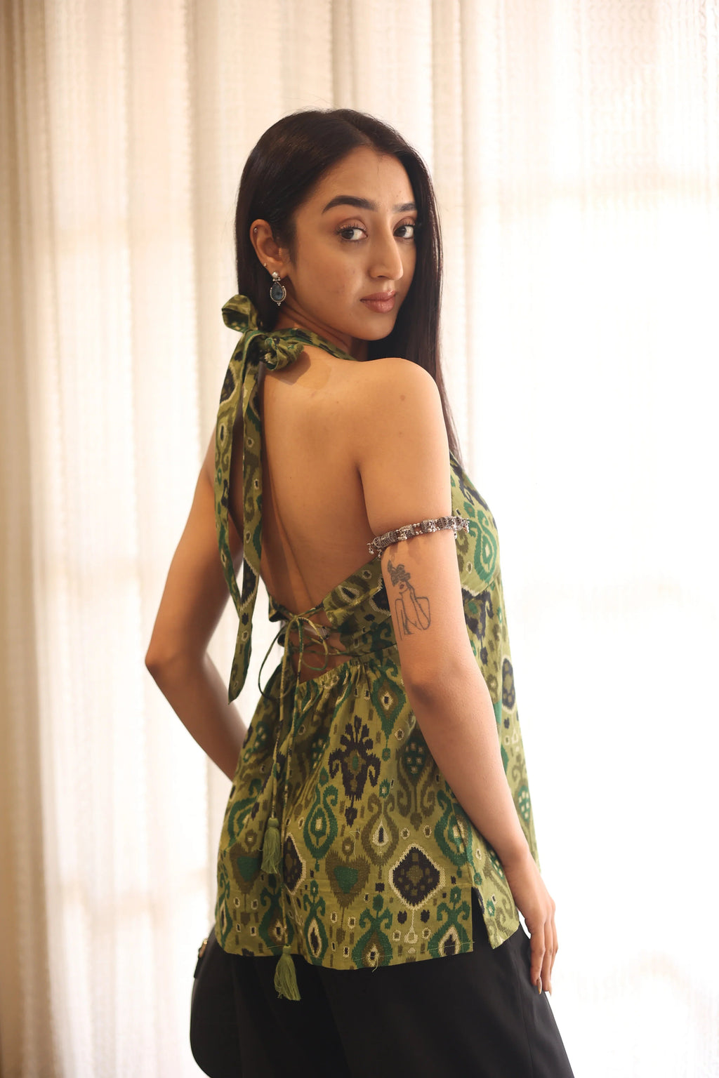 Green Solid Cotton Tie-Up Neck Top for Women - SanskrutiHomes 