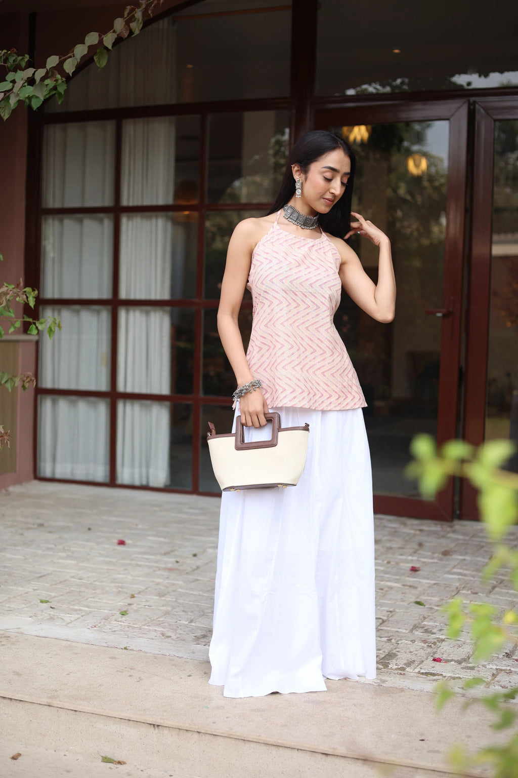 Pink Geometric Cotton Round Neck Top for Women - SanskrutiHomes 