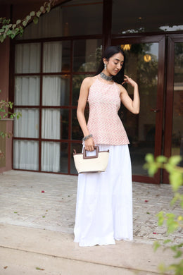 Pink Geometric Cotton Round Neck Top for Women - SanskrutiHomes 
