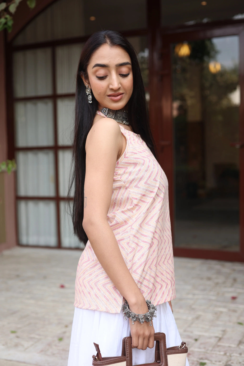 Pink Geometric Cotton Round Neck Top for Women - SanskrutiHomes 