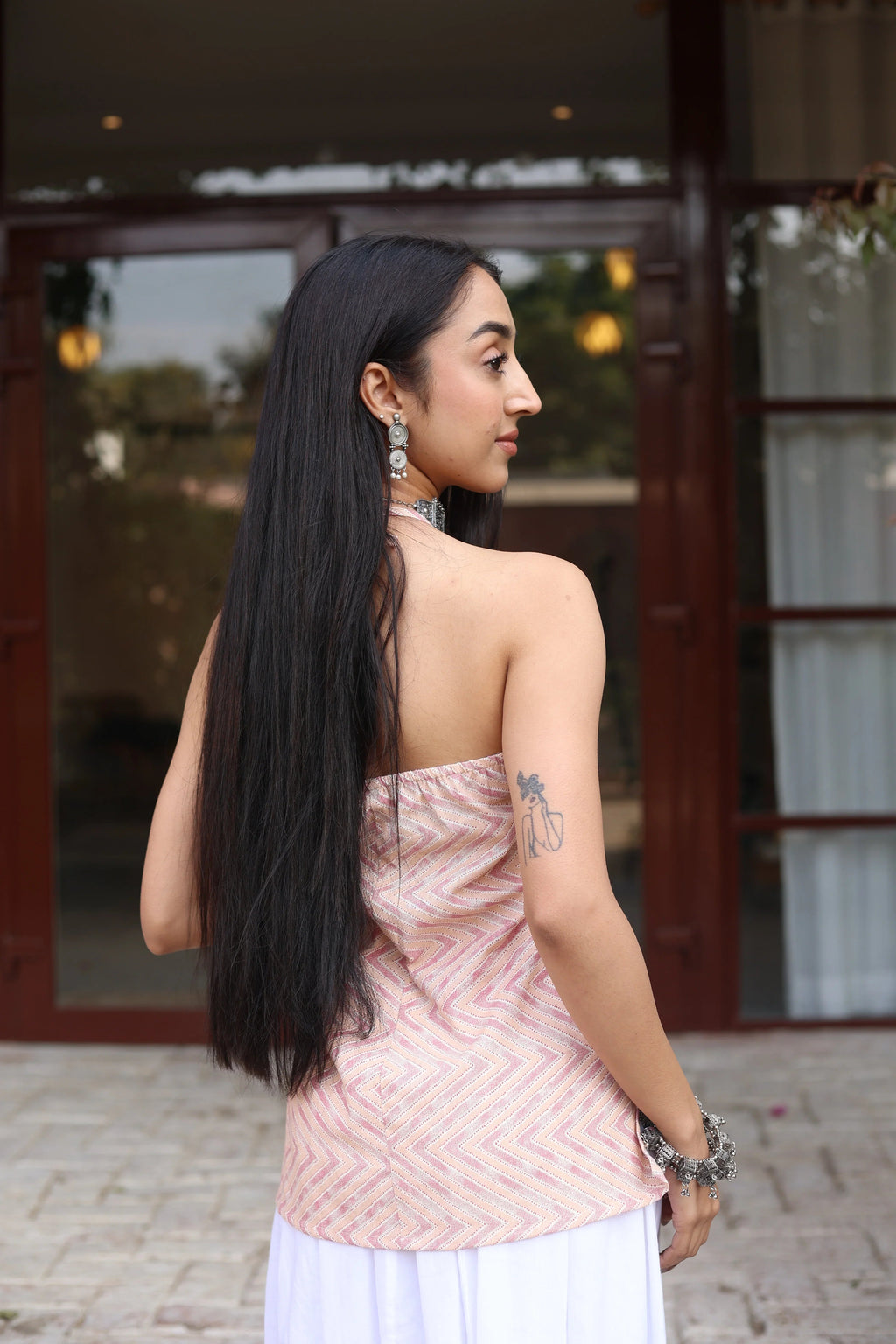 Pink Geometric Cotton Round Neck Top for Women - SanskrutiHomes 