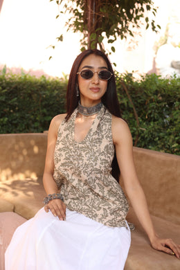 Beige Solid Cotton V-Neck Top for Women - SanskrutiHomes 