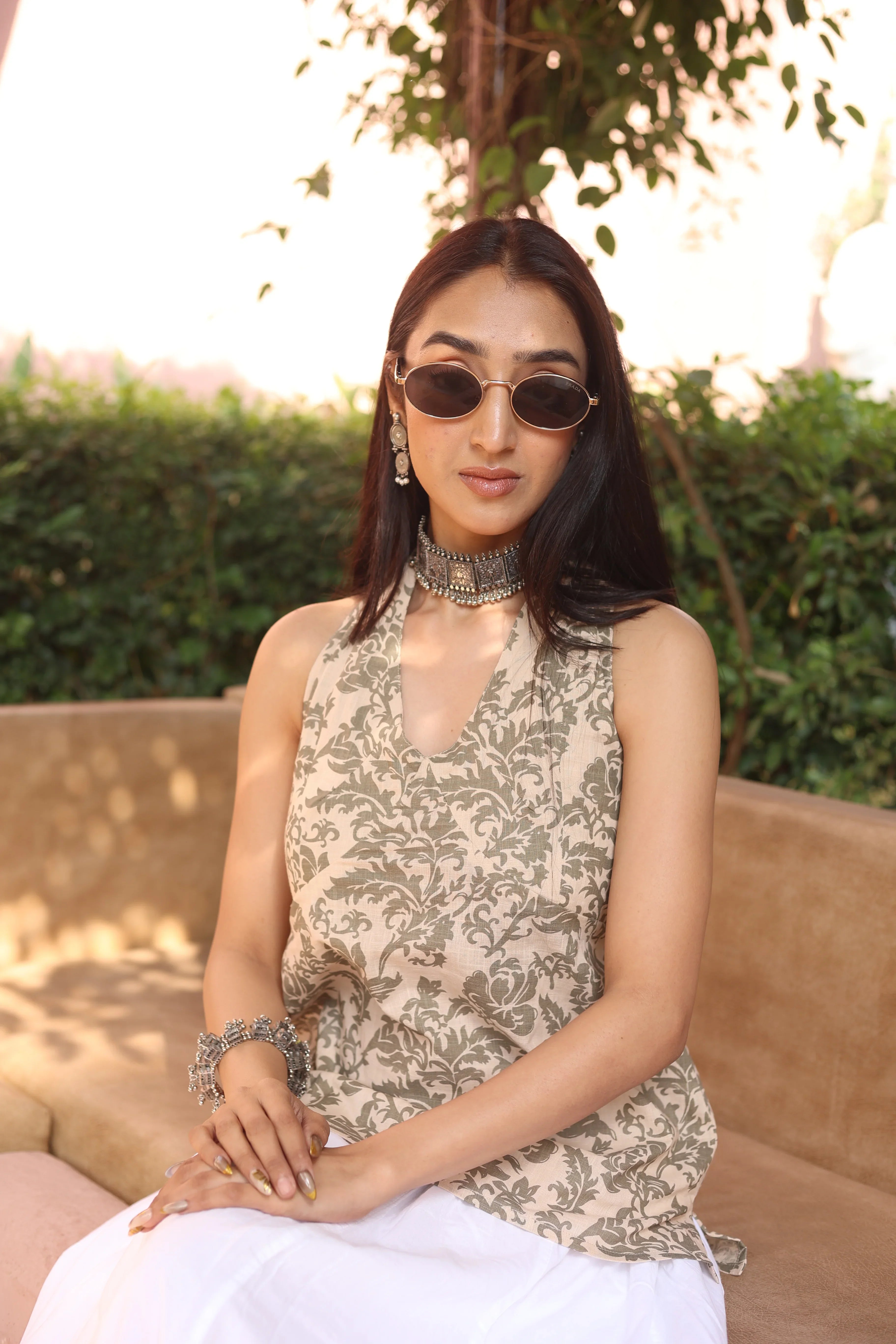 Beige Solid Cotton V-Neck Top for Women - SanskrutiHomes 