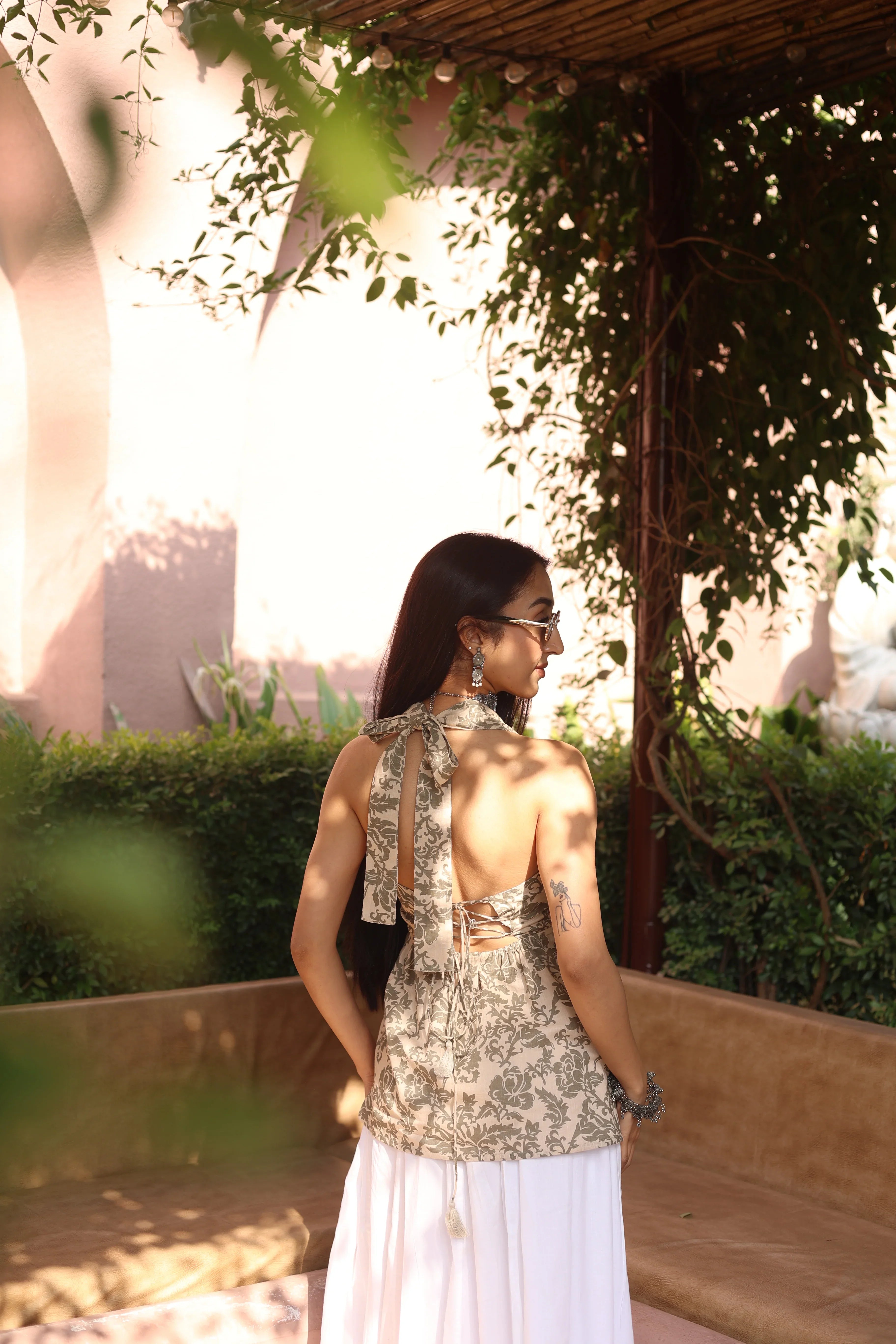 Beige Solid Cotton V-Neck Top for Women - SanskrutiHomes 