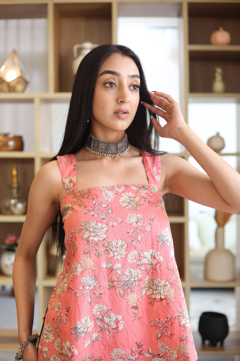 Peach Floral Printed Cotton Square Neck Top for Women - SanskrutiHomes 