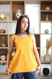Yellow Abstract Print Cotton Square Neck Top for Women - SanskrutiHomes 