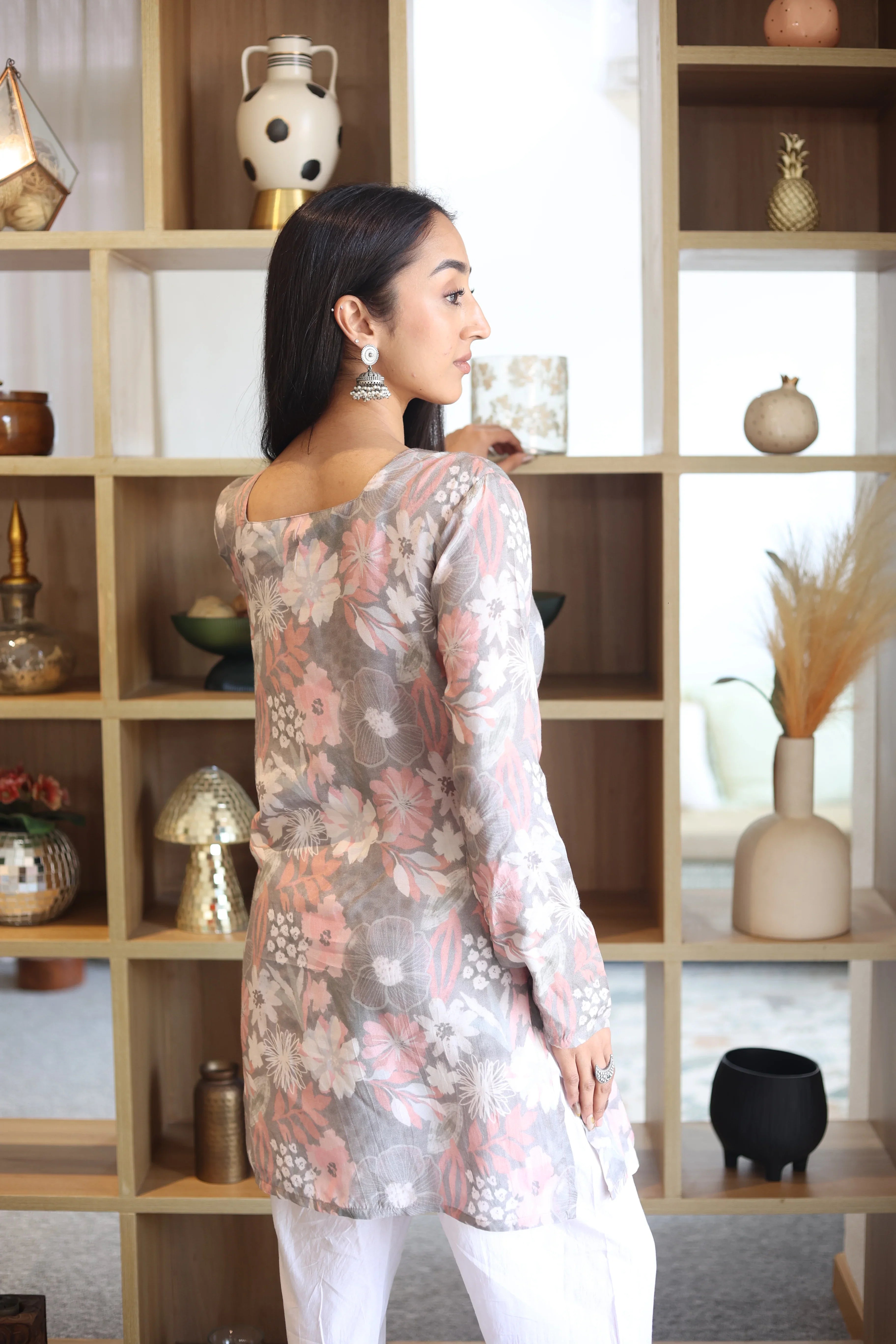 Grey Floral Print Square Neck Cotton Top for Women - SanskrutiHomes 