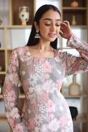 Grey Floral Print Square Neck Cotton Top for Women - SanskrutiHomes 