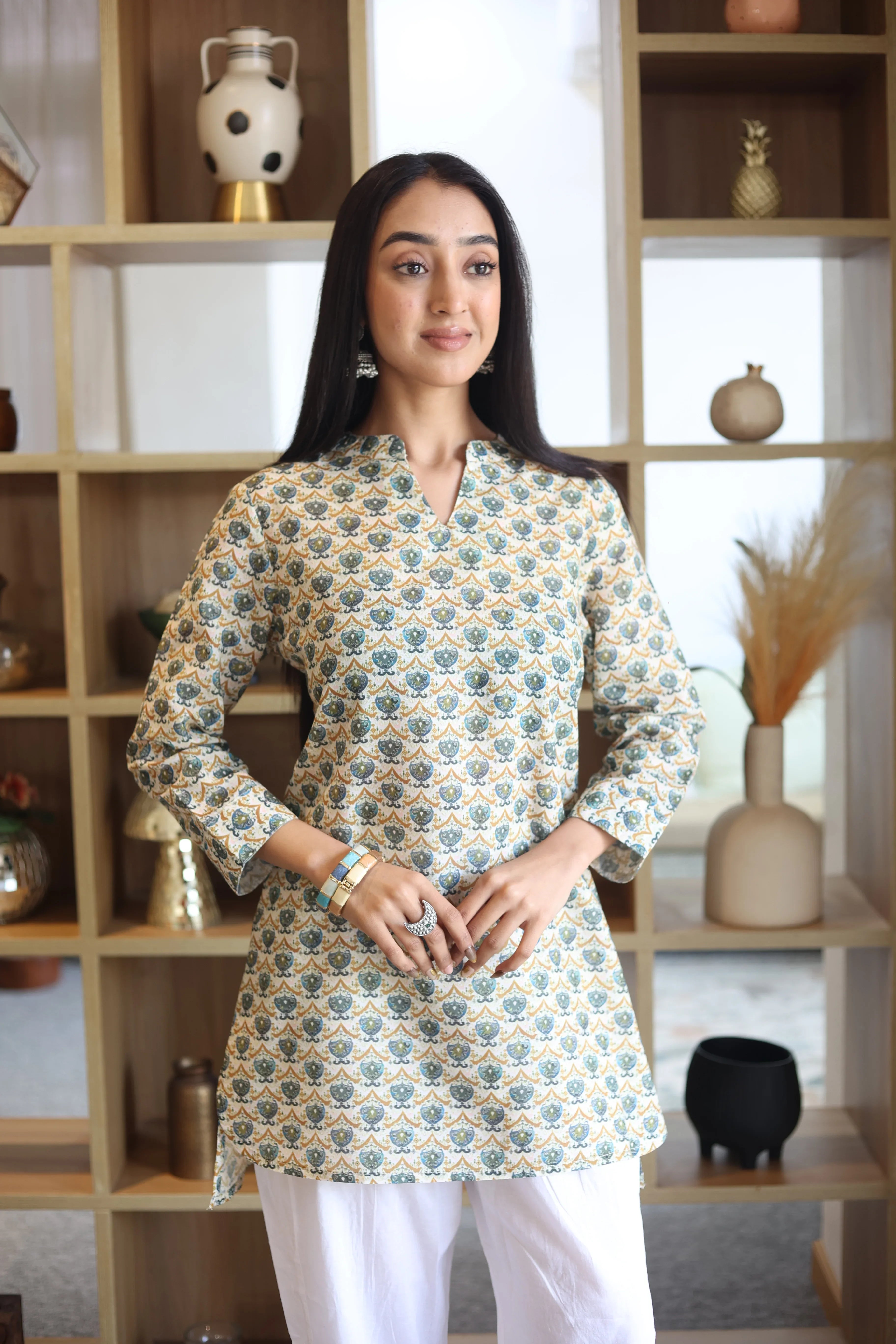 Off White Print Cotton Round Neck Top for Women - SanskrutiHomes 
