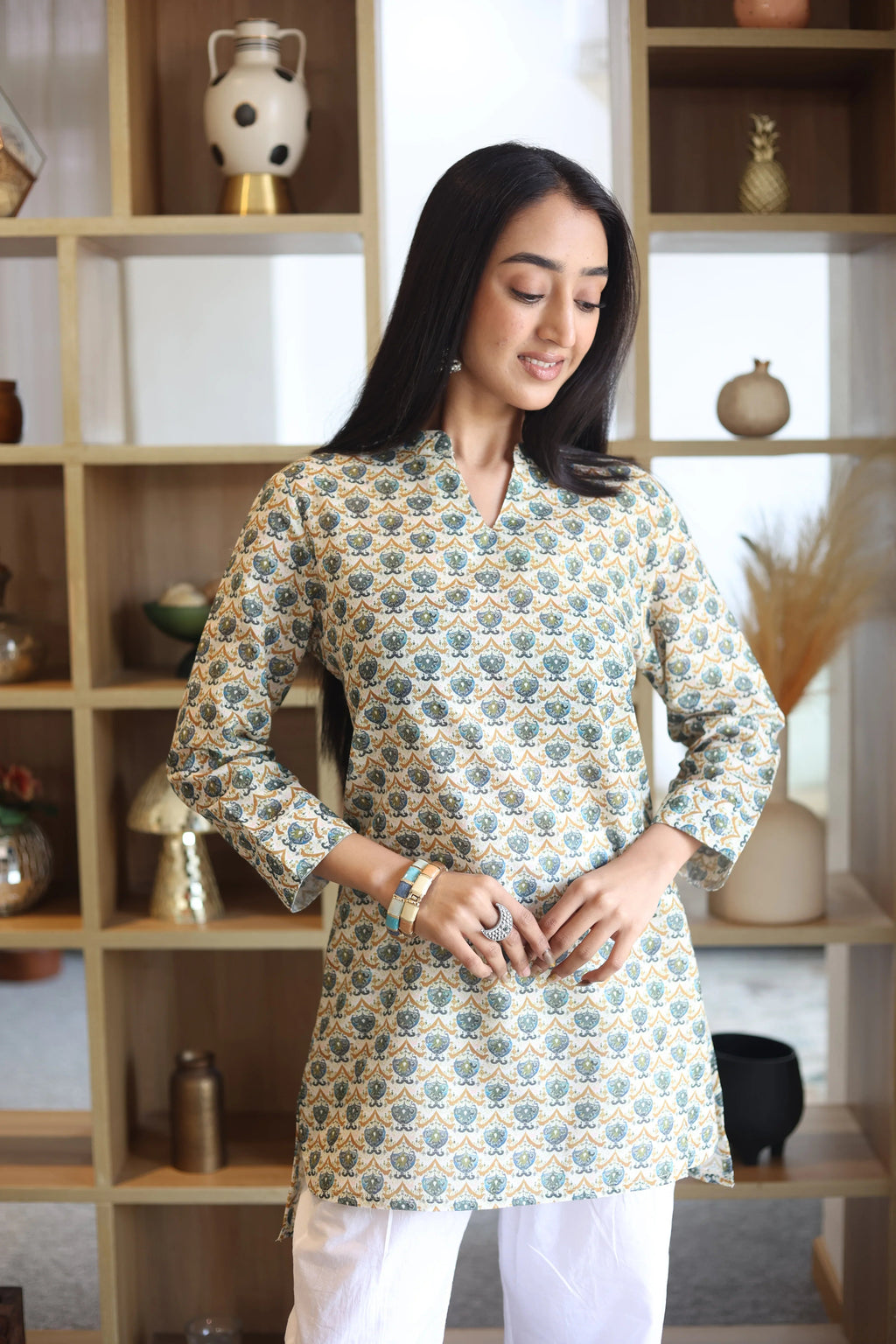 Off White Print Cotton Round Neck Top for Women - SanskrutiHomes 