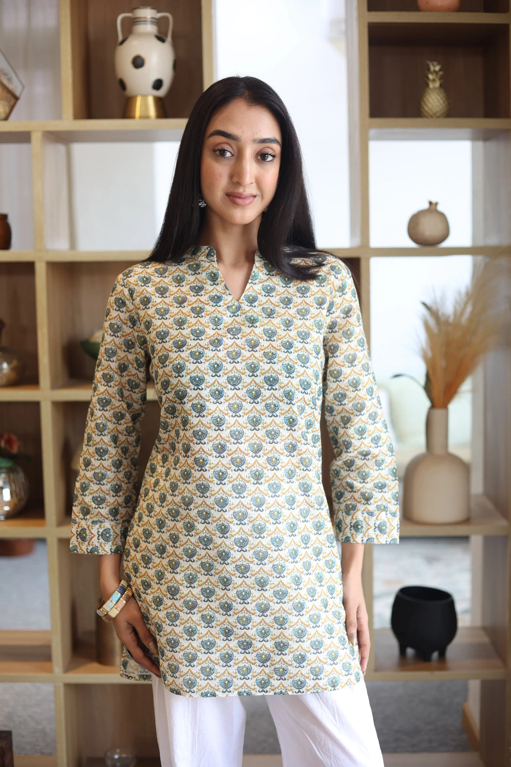 Off White Print Cotton Round Neck Top for Women - SanskrutiHomes 