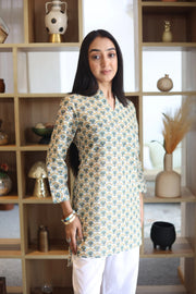Off White Print Cotton Round Neck Top for Women - SanskrutiHomes 
