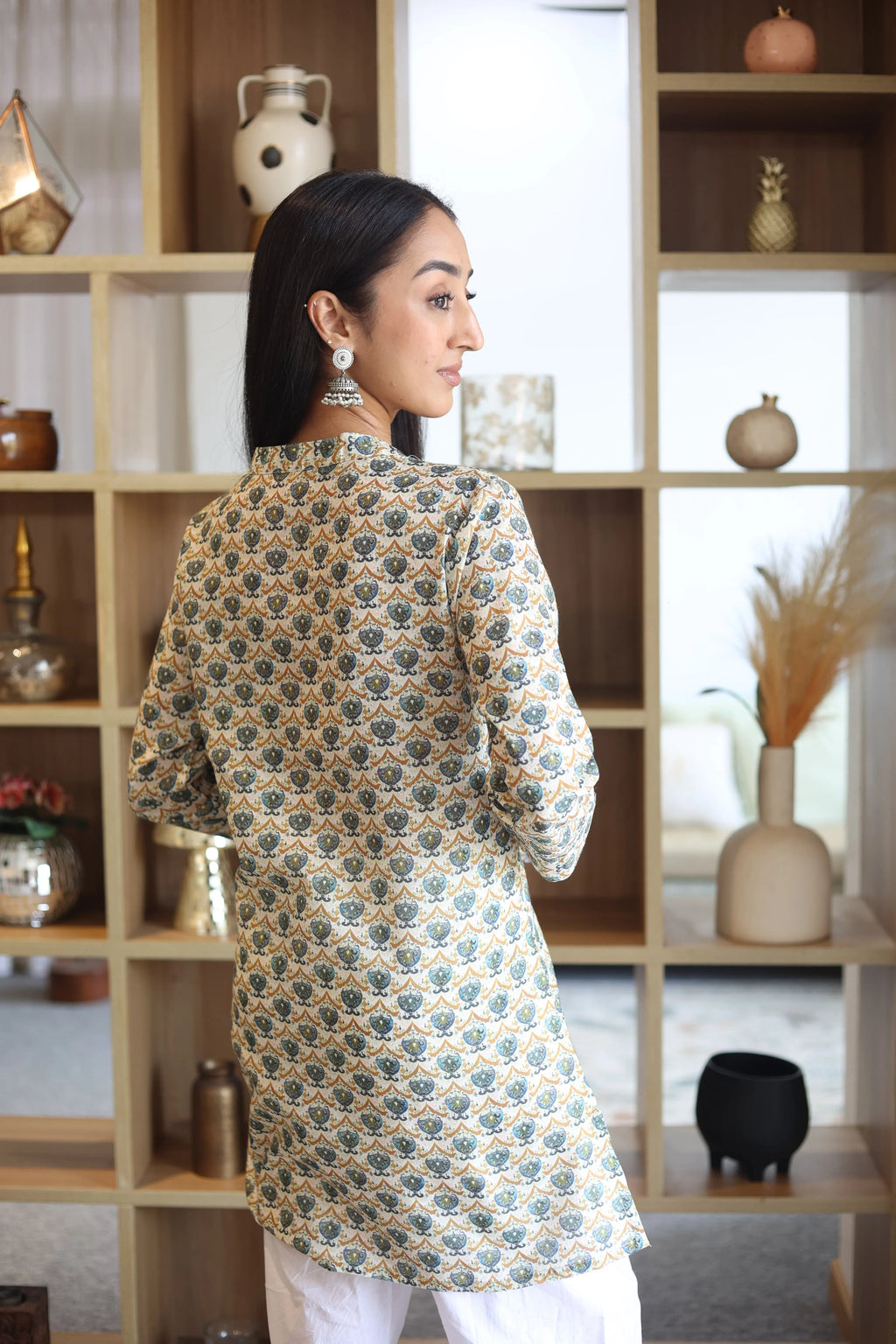 Off White Print Cotton Round Neck Top for Women - SanskrutiHomes 