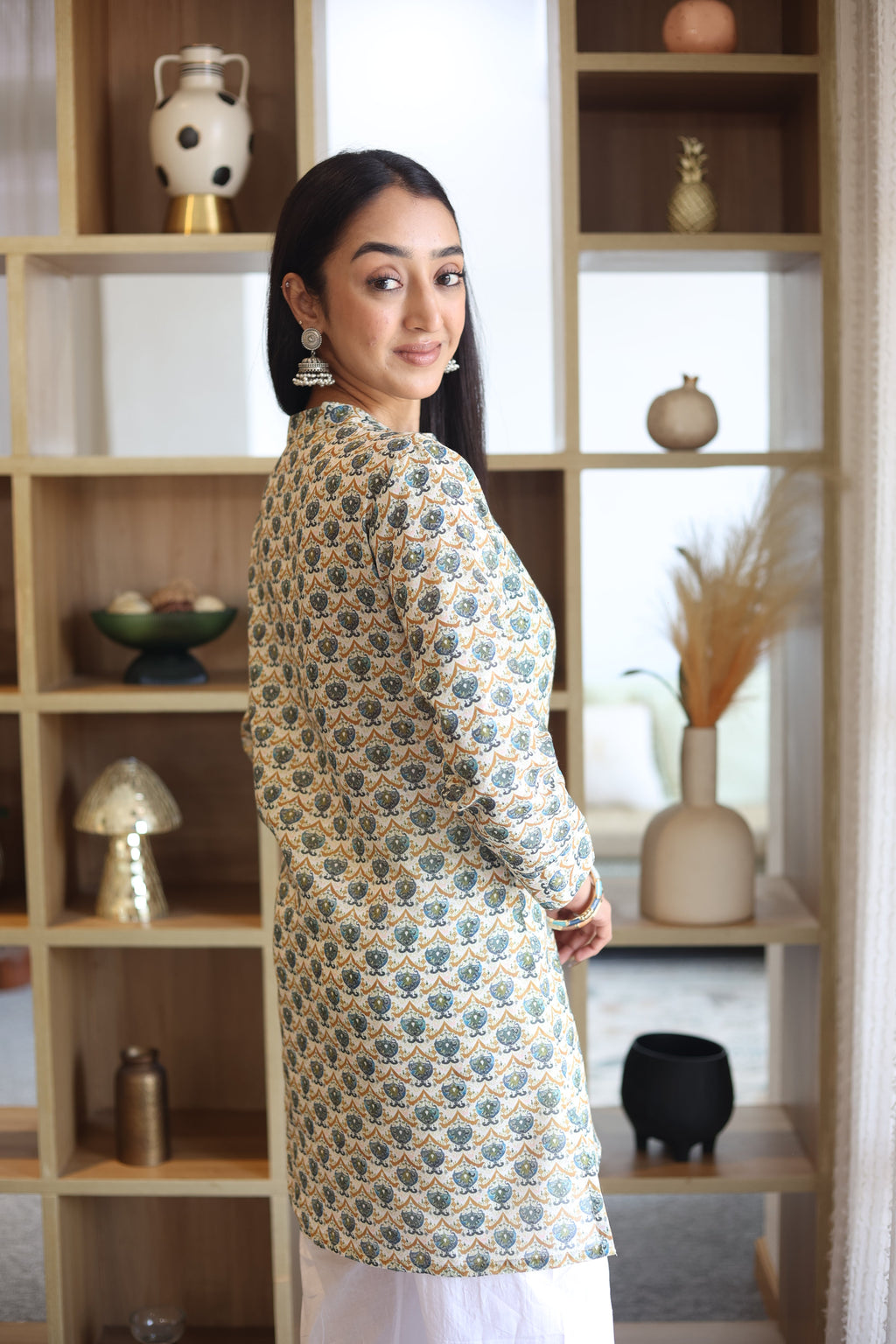 Off White Print Cotton Round Neck Top for Women - SanskrutiHomes 