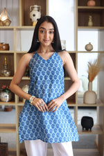 Blue Floral Print Cotton V-Neck Top for Women - SanskrutiHomes 