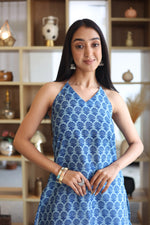 Blue Floral Print Cotton V-Neck Top for Women - SanskrutiHomes 