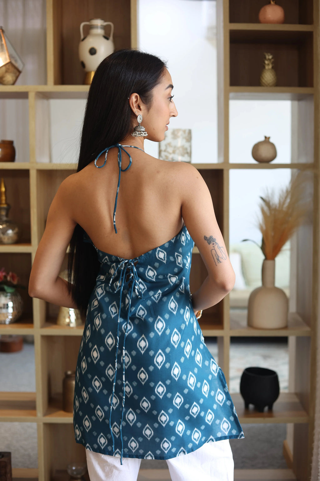 Navy Blue Printed Cotton V-Neck Top for Women - SanskrutiHomes 