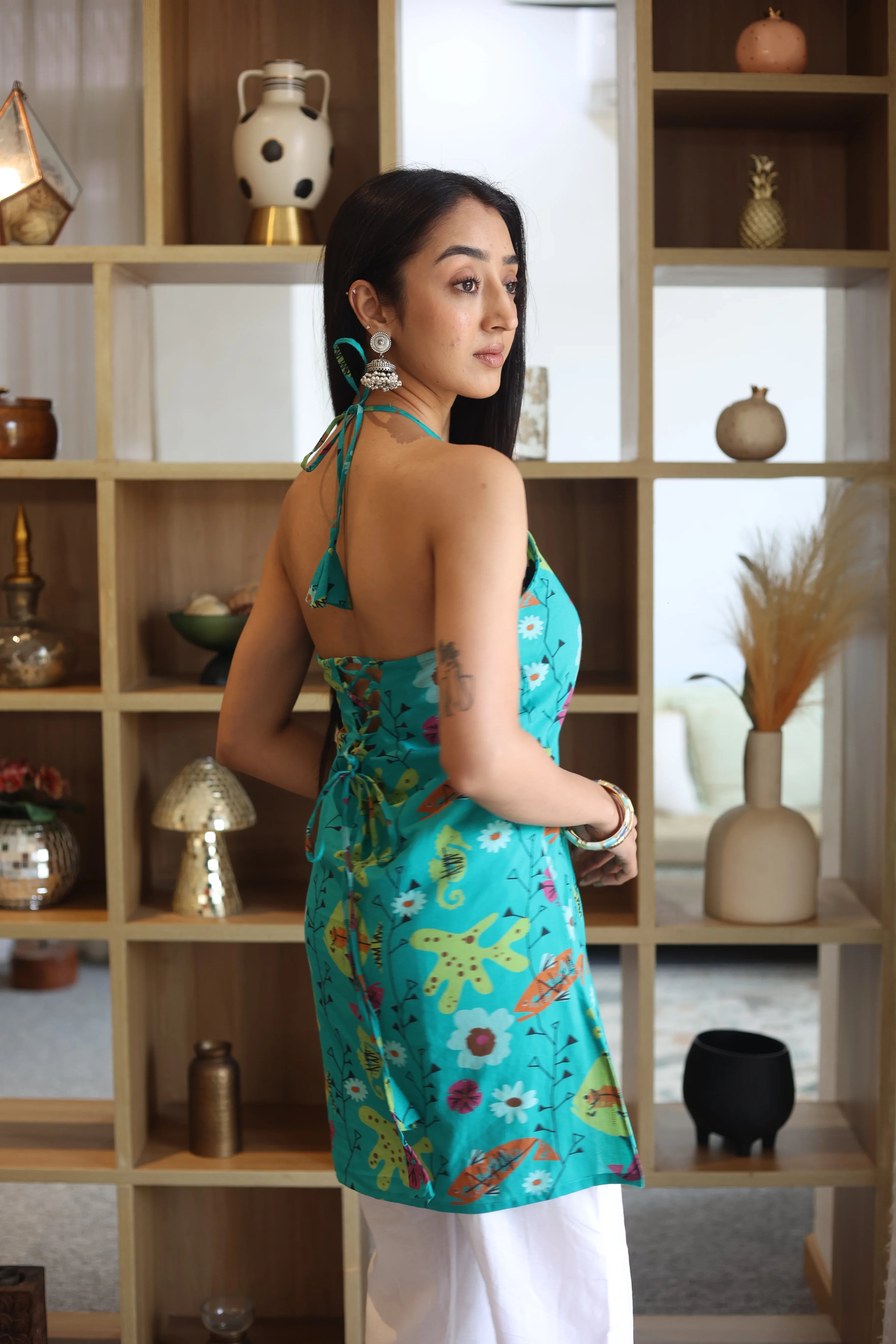 Sea Green Abstract Print Cotton V-Neck top for Women - SanskrutiHomes 