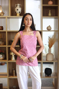 Pink Geometric Cotton Square Neck Top for Women - SanskrutiHomes 